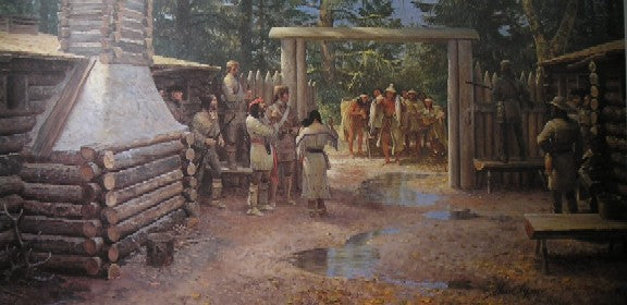 A print of a painted picture depicting expedition members inside Fort Clatsop as members of the Clatsop Nation arrive at the fort gate.