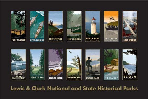A poster that displays the 14 other individual posters of different sites all on one. Below text reads "Lewis and Clark National and State Historical Parks"