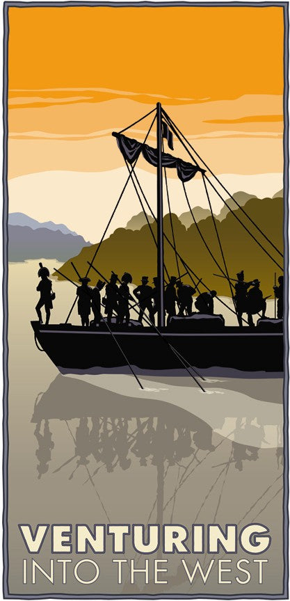An artistic depiction of the silhouette of the Corps of Discovery on a barge with the sunset above and reflection on the water below. Text on the bottom reads "Venturing into the west"