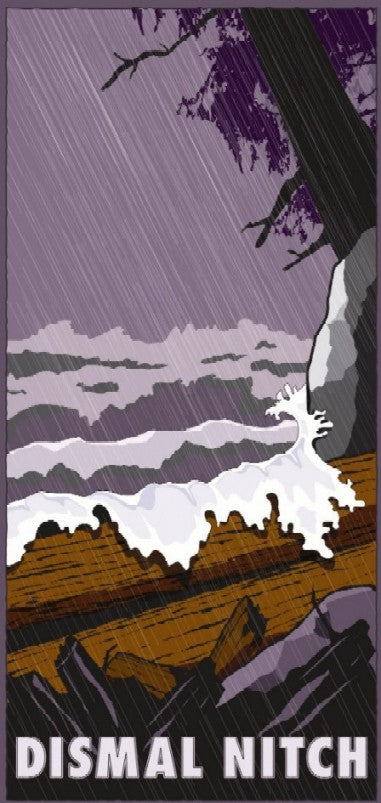 A poster of a stylized storm on the columbia river, big waves crashing over driftwood on a rocky shore with rain pouring down. On the bottom text reads: "Dismal Nitch."