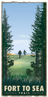 A poster artistically portraying the Fort to Sea Trail with two hikers emerging from the woods and crossing desert beach grass towards the ocean.