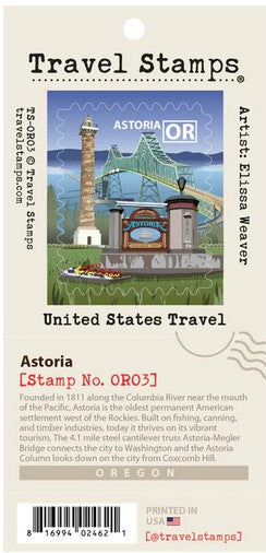 A travel stamp for national park passport books depicting the Astoria Megler Bridge, the Astoria Column, and a welcome to Astoria sign. Text on the top reads "Astoria OR"