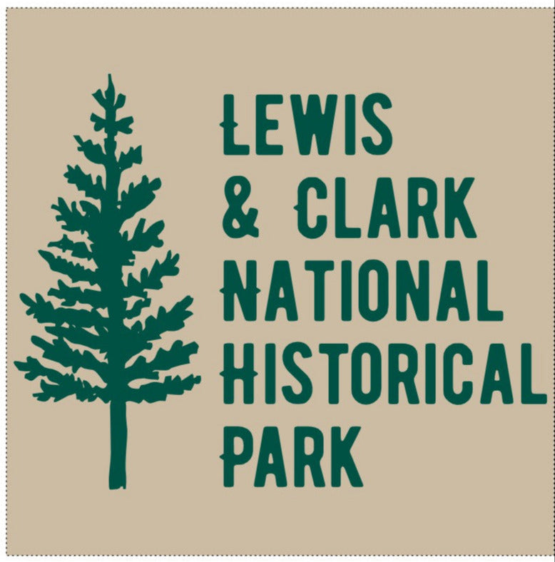 A closeup of the logo on the tote bag. A depiction of a tree with text "Lewis & Clark National Historical Park"