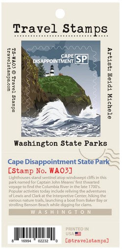 A travel stamp for national park passport books depicting a lighthouse on an overlook. Text on top reads "Cape Disappointment SP"