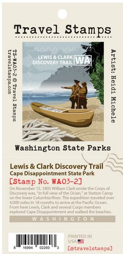 A travel stamp for national park passport books depicting Lewis and Clark pointing over the Columbia River with a dugout canoe beside them. Text on top reads "Lewis & Clark Discovery Trail WA"