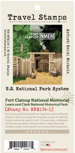 A travel stamp for national park passport books depicting Fort Clatsop with the text "Fort Clatsop NMEM"