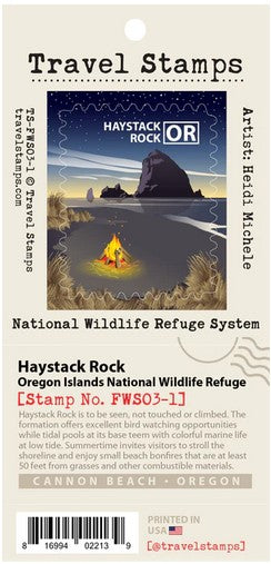A travel stamp for national park passport books depicting a campfire on the beach with Haystack Rock behind in the ocean. Text on top reads "Haystack Rock OR"