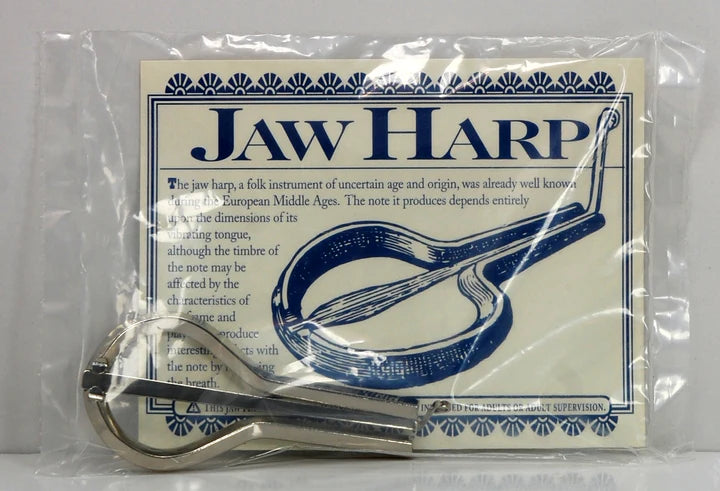 A metal jaw harp, larger than an average with sturdier thicker metal. Its packaging reads "Jaw Harp."