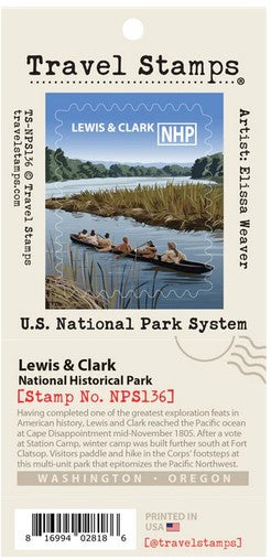 A travel stamp for national park passport books depicting historically dressed rangers in a dugout canoe paddling on the river. Text on top reads "Lewis & Clark NHP"