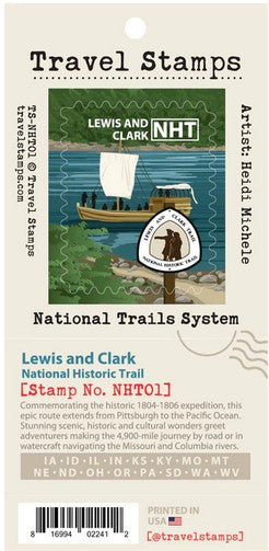 A travel stamp for national park passport books depicting the barge of the Lewis and Clark Expedition traveling on the river, a sign in front showing Lewis and Clark pointing onwards. Text reads "Lewis and Clark NHT" on top.