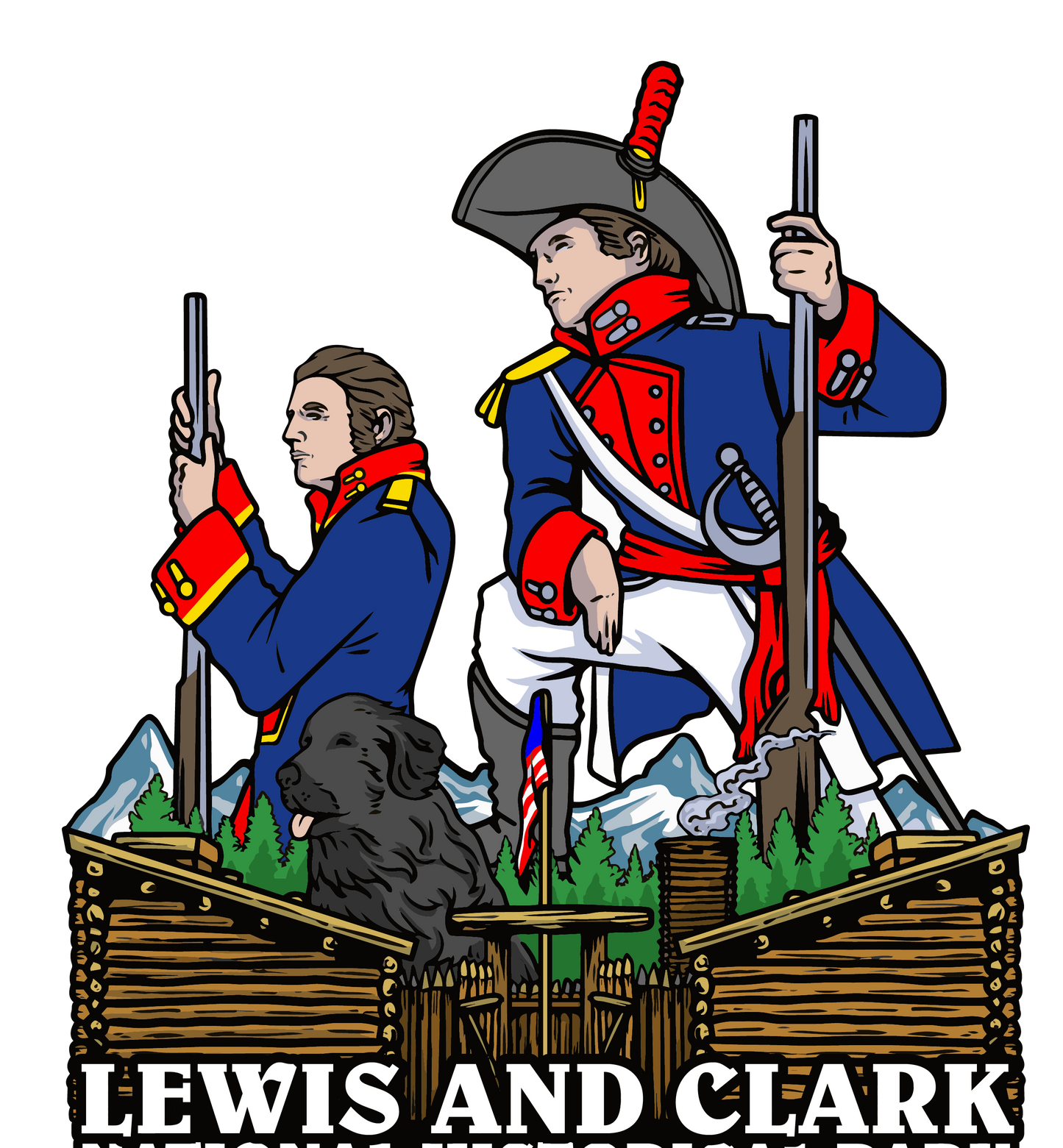 A large logo of Lewis, Clark, and Seaman the dog standing over Fort Clatsop. Text underneath reads "Lewis and Clark" in bold font.