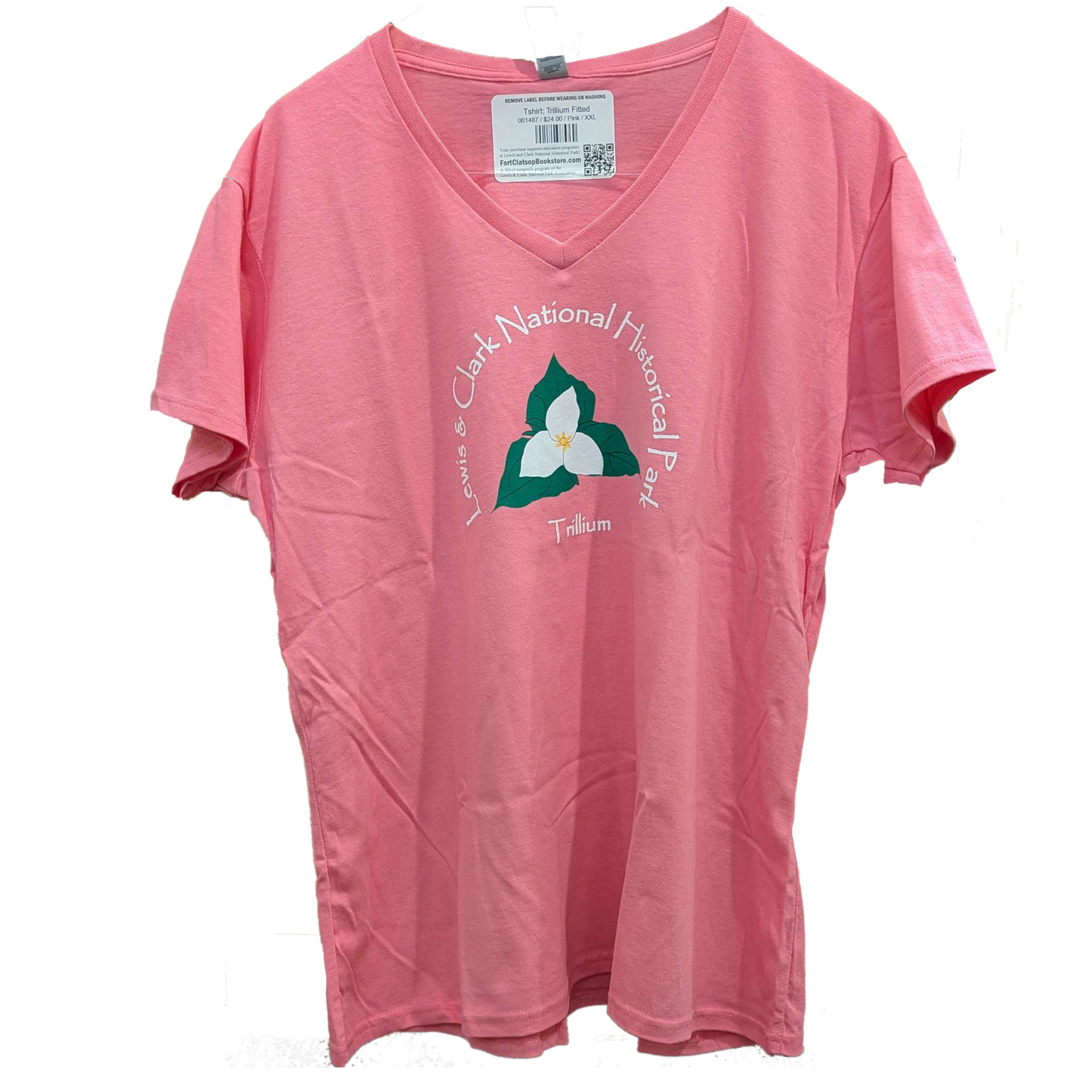 A pink V-cut T-shirt with an artistic depiction of a trillium on the front, labelled Trillium below while text arching around it reads "Lewis & Clari National Historical Park"