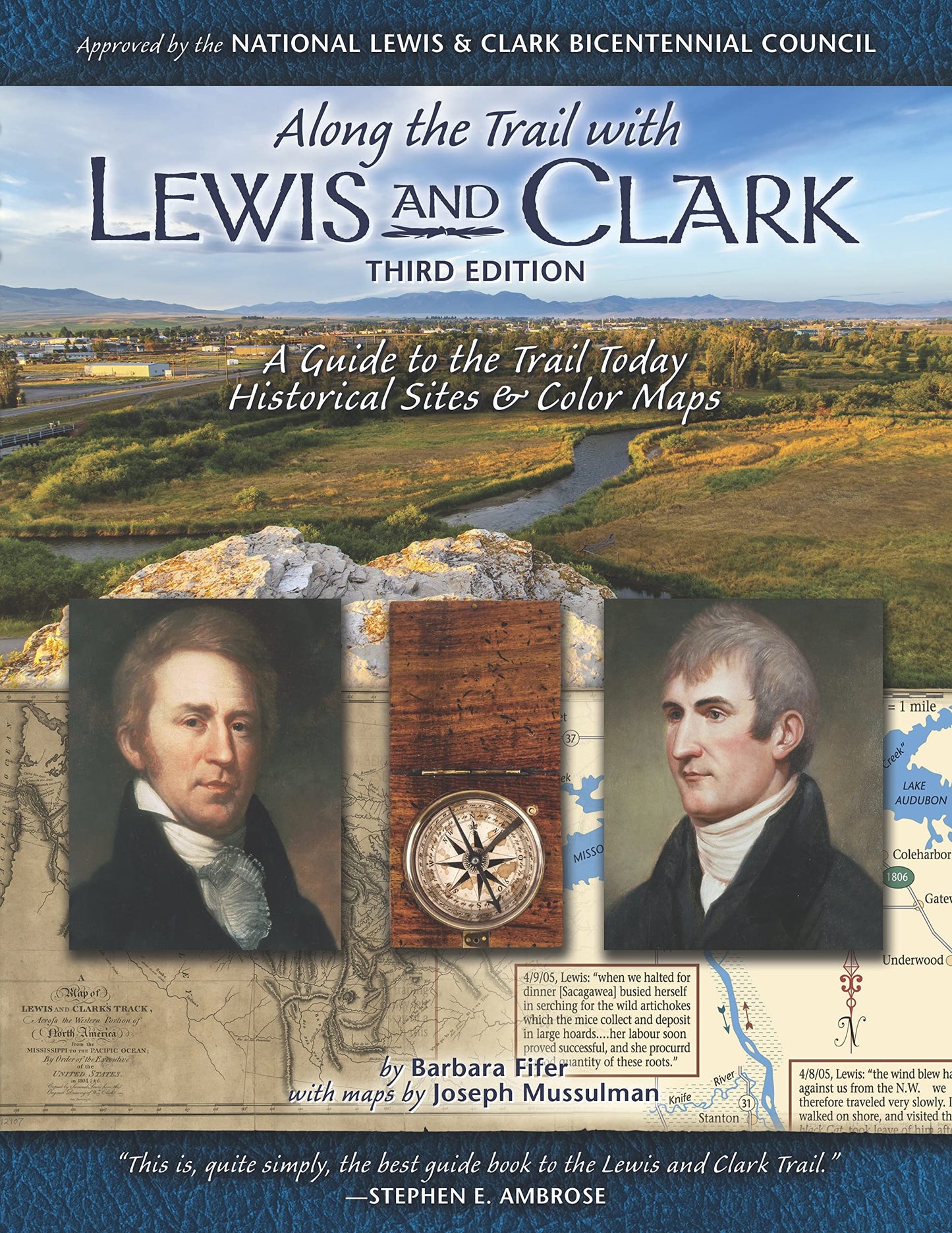 The book cover for "Along the Trail with Lewis and Clark, Third Edition." Subtitled "A guide to the Trail Today Historical Sites & Color Maps" with the painted portraits of Lewis and Clark and a photo of a river passing through grassy plains.