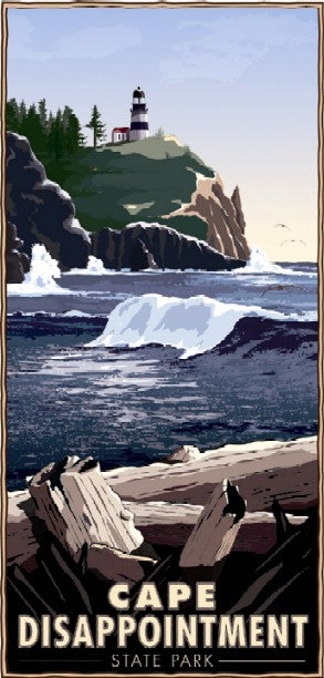 A poster artistically depicting Cape Disappointment State Park with a lighthouse on a cliff overlooking large waves, text at the bottom reads "Cape Disappointment State Park"