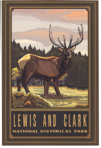 A postcard picture depicting a large buck standing in a field with trees behind. Text underneath reads: "Lewis and Clark National Historical Park"