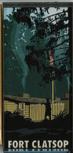 A stylized depiction of a silhouette of a soldier in front of Fort Clatsop with the words "Fort Clatsop" across the bottom of the magnet.