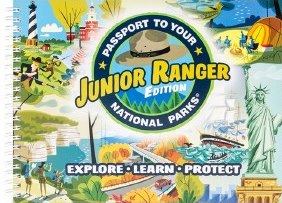 The book cover for the "Passport to your National Parks Junior Ranger Edition" collection journal. It depicts various national park scenes across its cover with a ring binding.