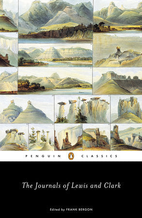 The book cover of "The Journals of Lewis and Clark" Edited by Frank Bergon and depicting a tile set of various landscape pictures, Penguin Classics published.