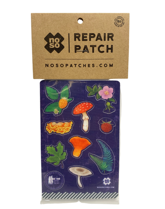 A series of repair patches depicting local flora including salmonberry, nootka rose, leaves, and mushrooms.