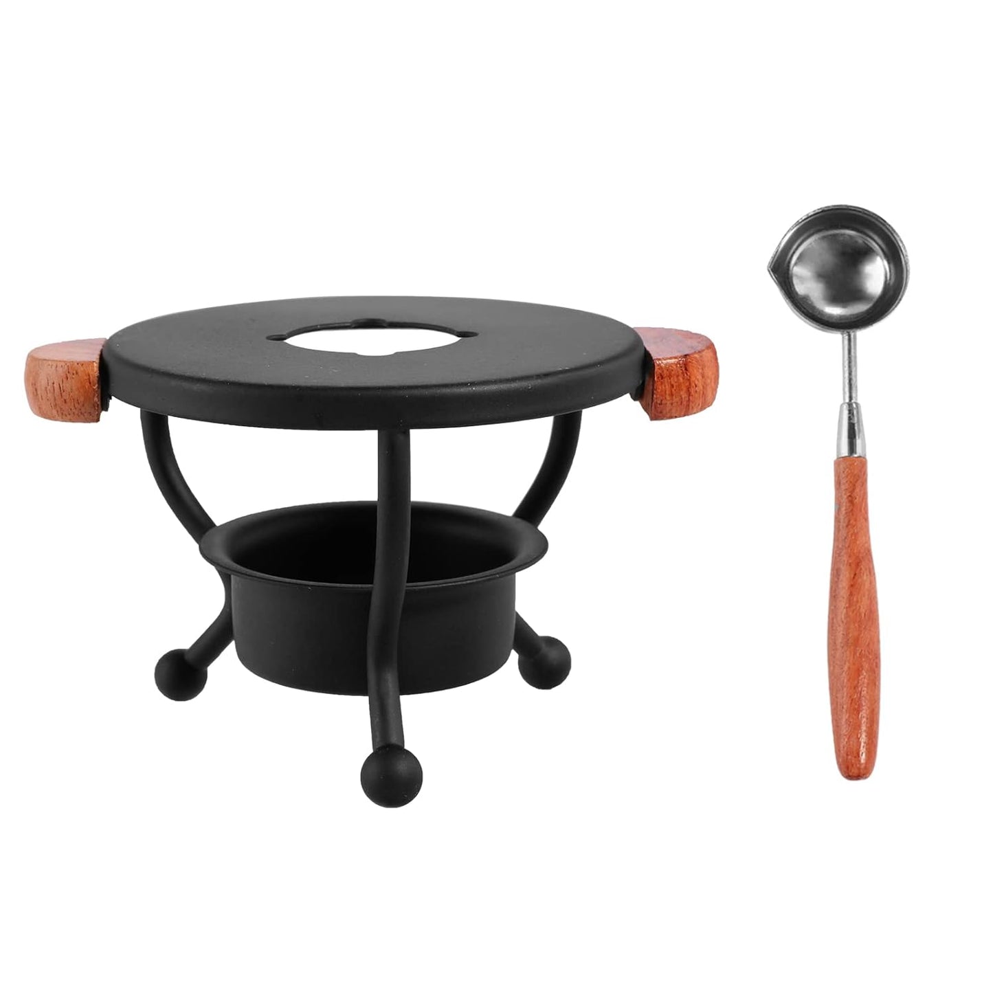 A small black wax melter with wood handles with a dish to hold a tealight candle in it and a wax melting wood handled spoon.