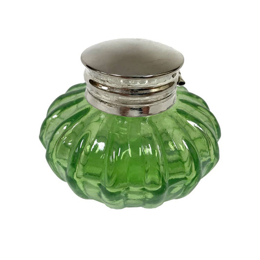 Vintage Light Green Swirl Glass Inkwell With Nickel Lid