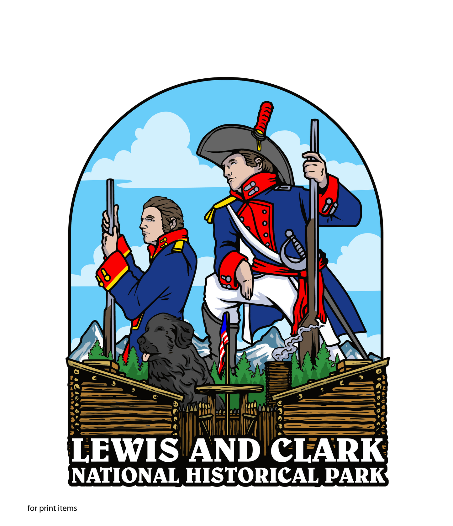 An artistic depiction of Lewis and Clark wearing their respective officer uniforms with Seaman the dog at their side standing over Fort Clatsop. Text below reads "Lewis and Clark National Historical Park"