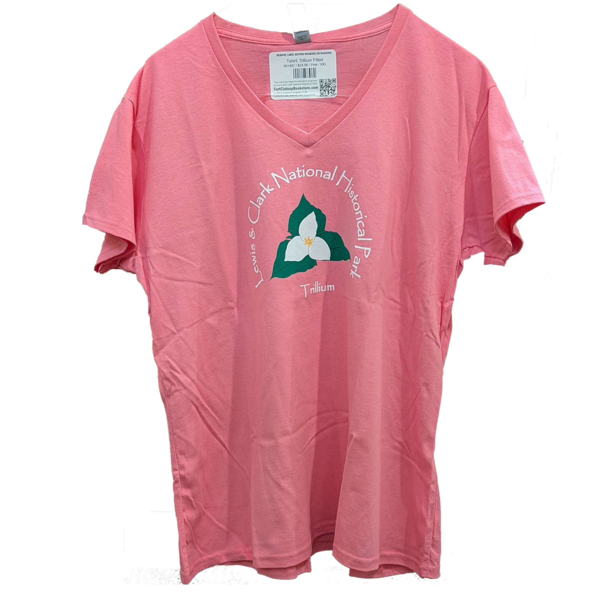 A pink V-cut T-shirt with an artistic depiction of a trillium on the front, labelled Trillium below while text arching around it reads "Lewis & Clari National Historical Park"