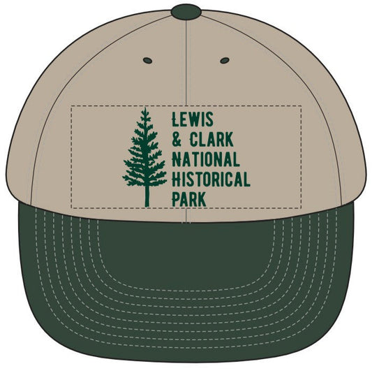A diagram of a baseball cap with green brim, gray top, and icon on the front of a large tree with text "Lewis & Clark National Historical Park" beside it.