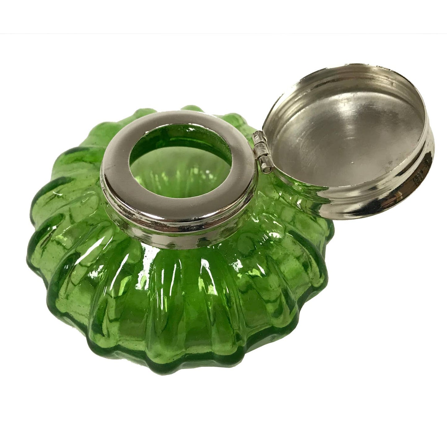 Vintage Light Green Swirl Glass Inkwell With Nickel Lid